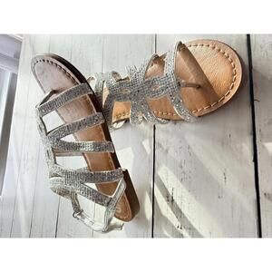 Silver Rhinestone Gladiator Sandals Strappy Sparkle Thong Size 11